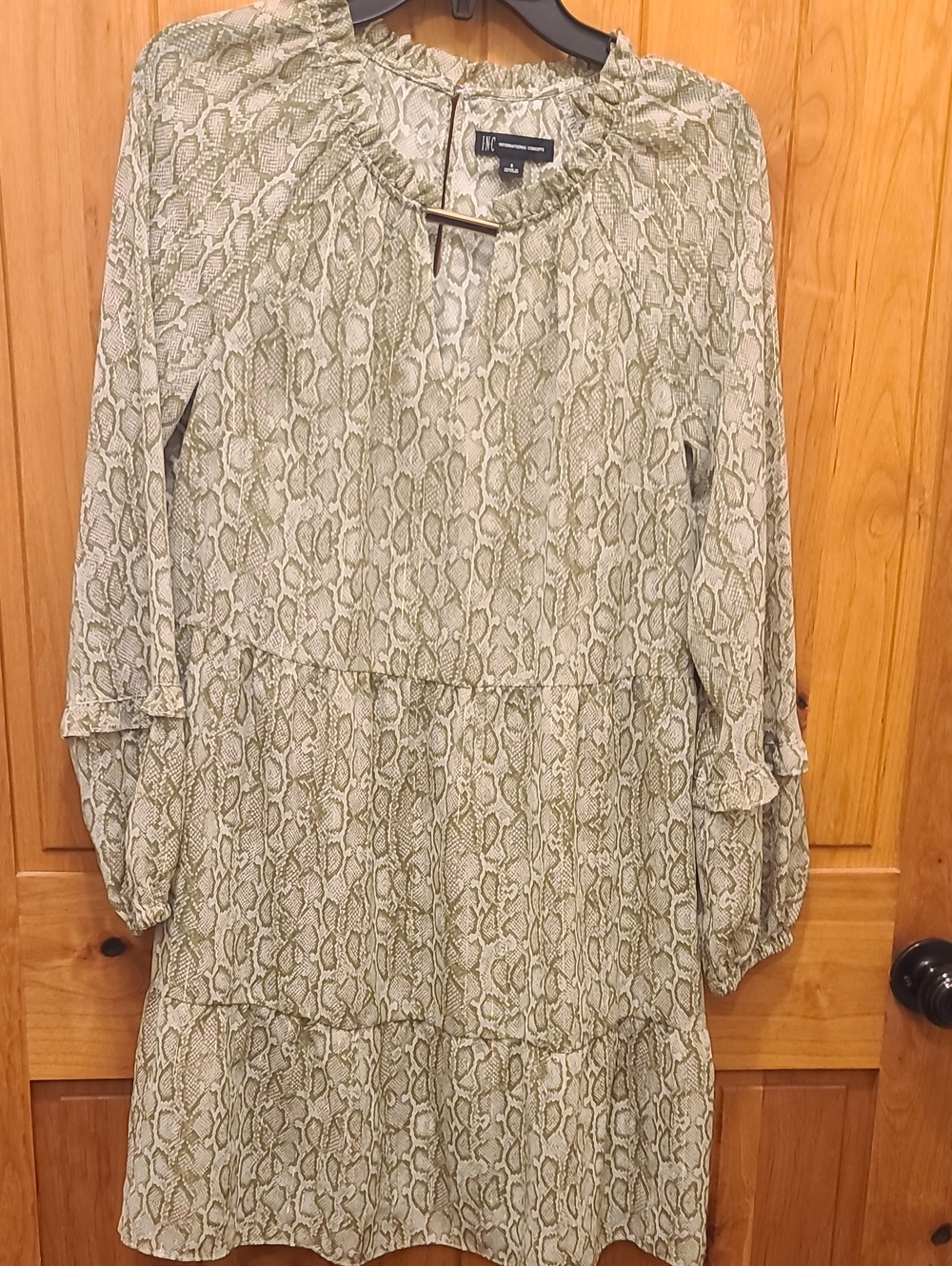 INC International Concepts Olive & Cream Snake Print Tiered Dress